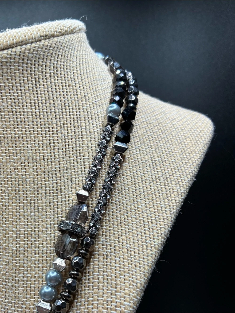 Vintage Long single Strand Black Metal and Silver Beaded Necklace